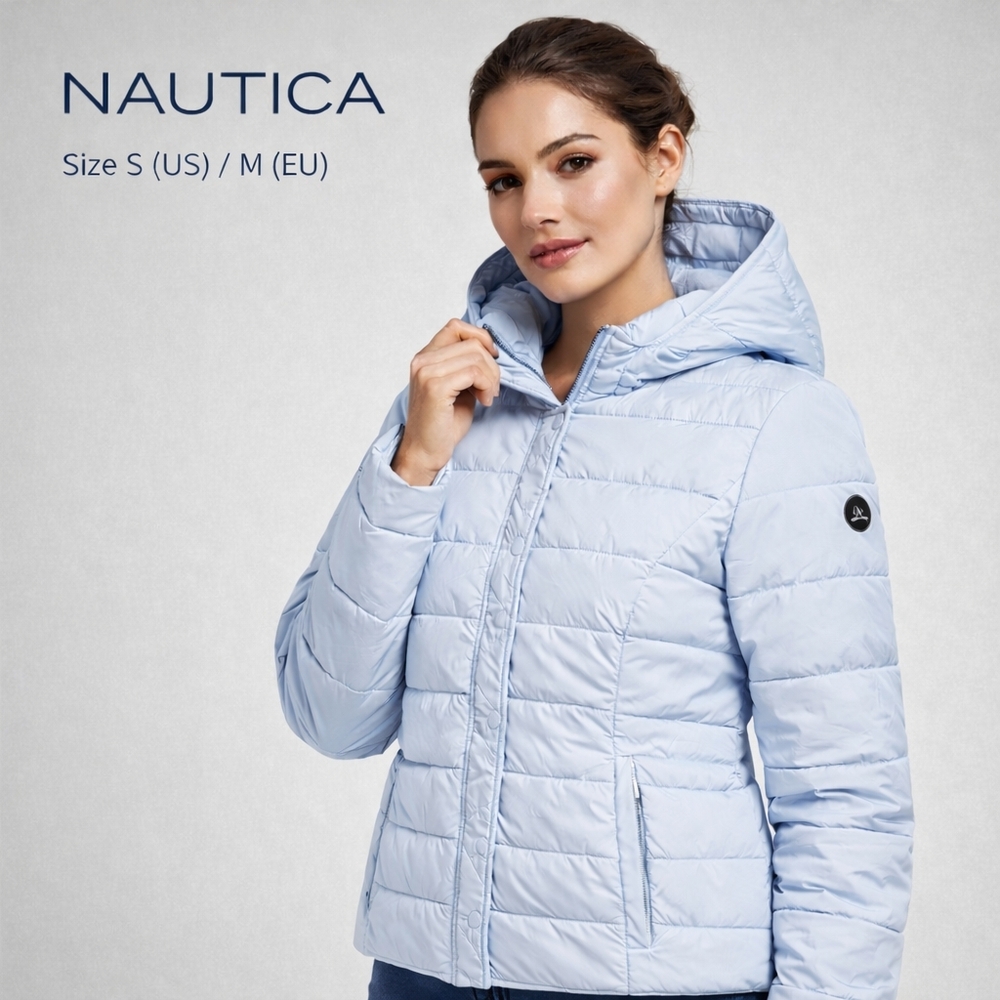 Nautica Blue Puffer Jacket Women Detachable Hood Quilted Zip Size S